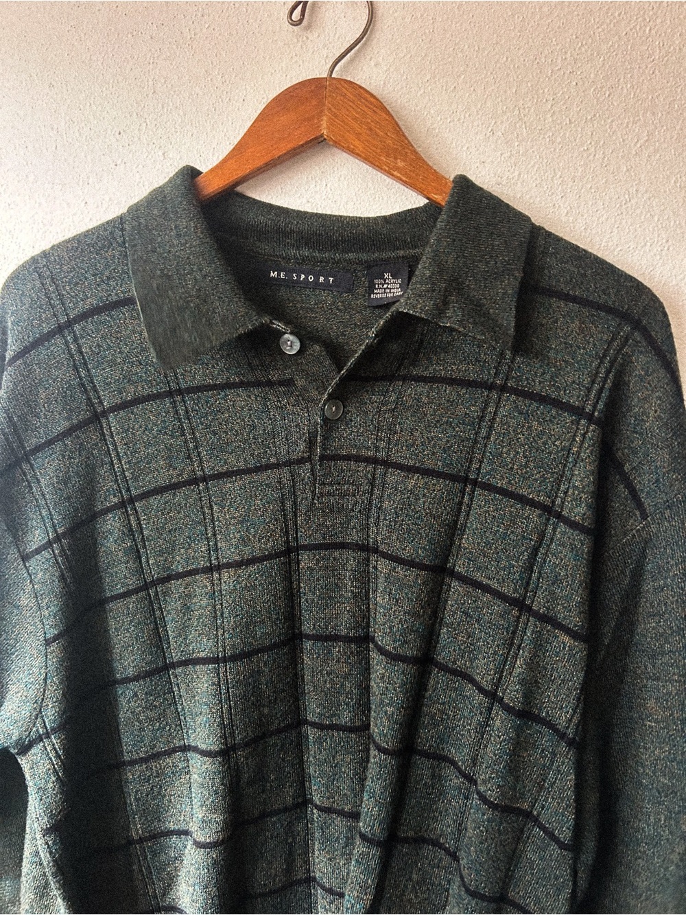 M.E. Sport Green Heathered Windowpane Polo Sweater